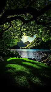 Lush Forest Archway Over Mountain Lake Landscape