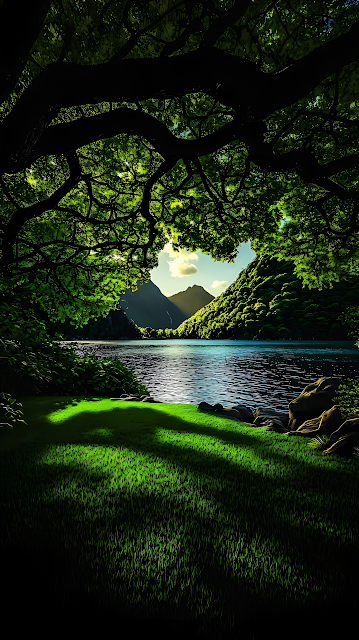 Lush Forest Archway Over Mountain Lake Landscape - Free mobile Wallpaper
