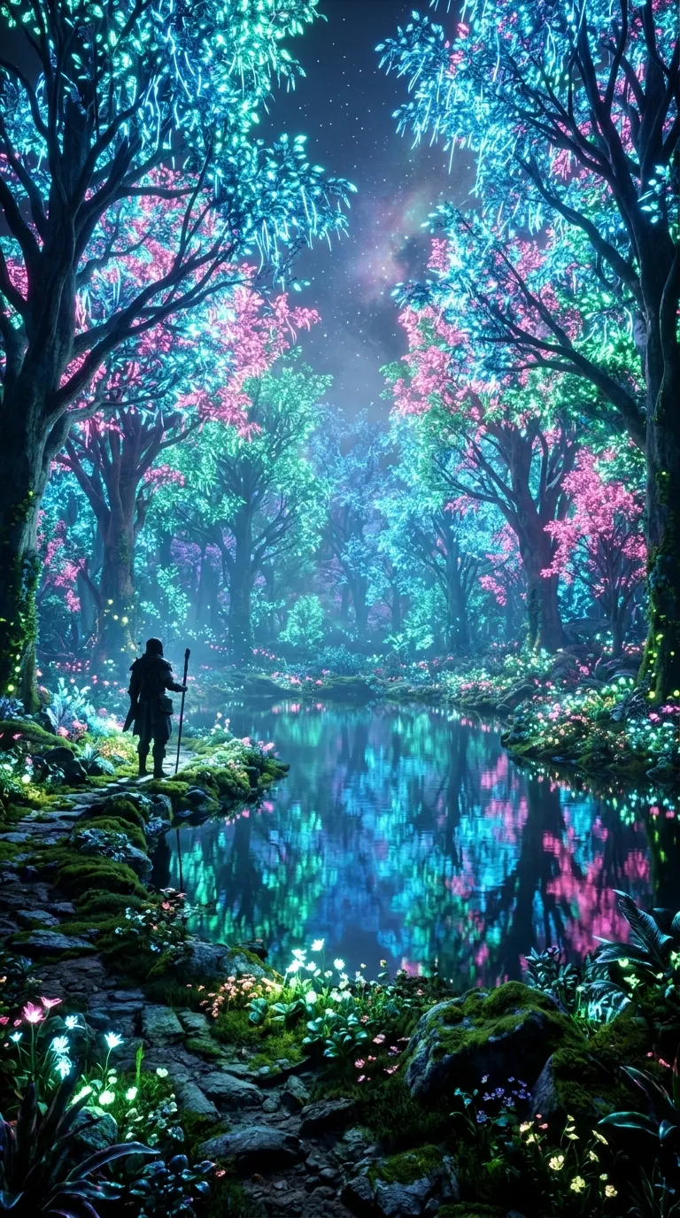 Hyper-Realistic Bioluminescent Forest with Radiant Pond and Wanderer - Free 4K mobile Wallpaper
