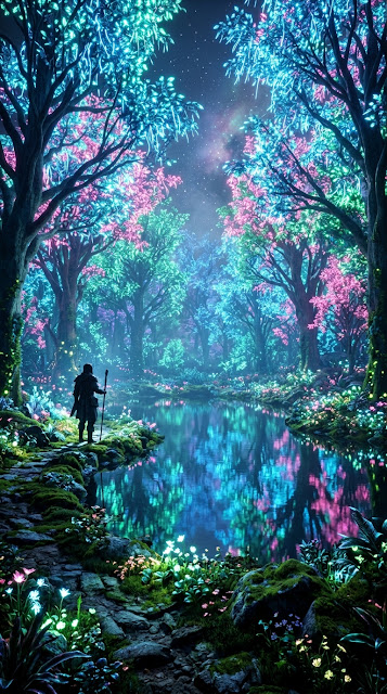 Hyper-Realistic Bioluminescent Forest with Radiant Pond and Wanderer - Free mobile Wallpaper