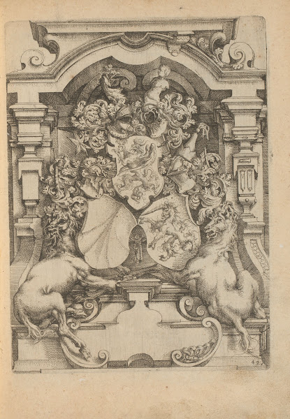 Niche with three coats of arms flanked by unicorns and decorated helmets 1593 15