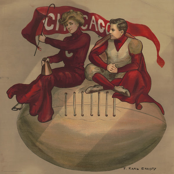 Cheerleader and football player sitting on giant football with Chicago flag 1907