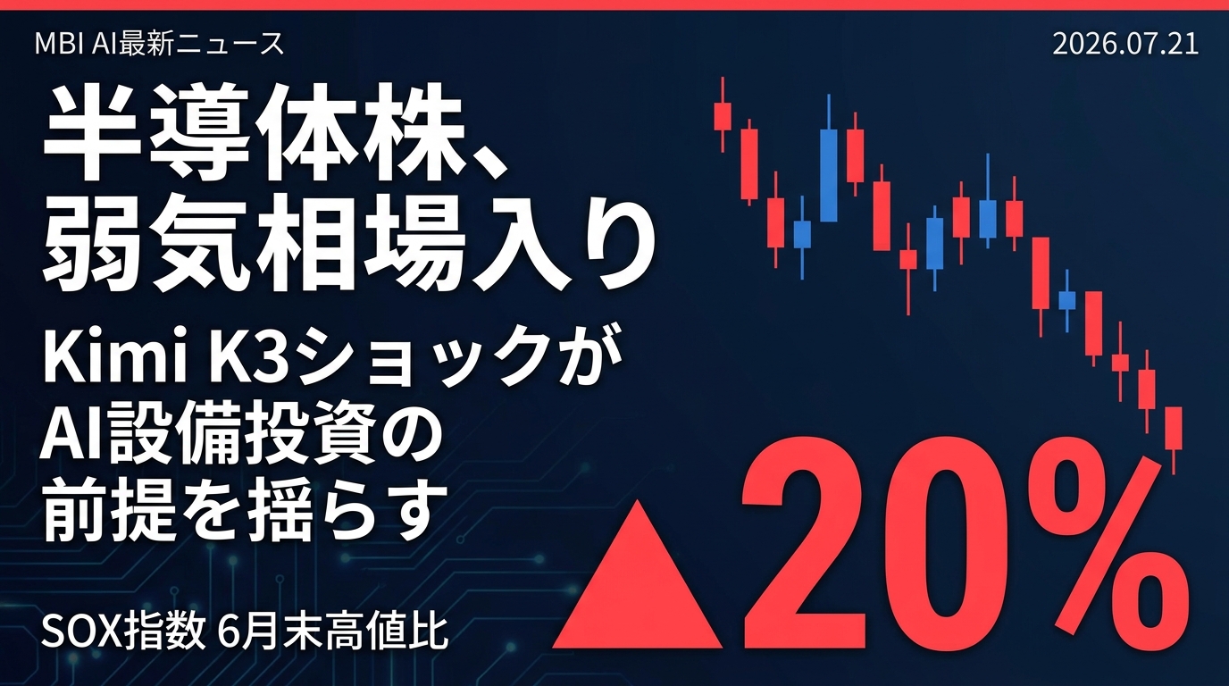 半導体株が弱気相場入り — SOX指数が6月高値比20%安、引き金は中国製の格安AI「Kimi K3」