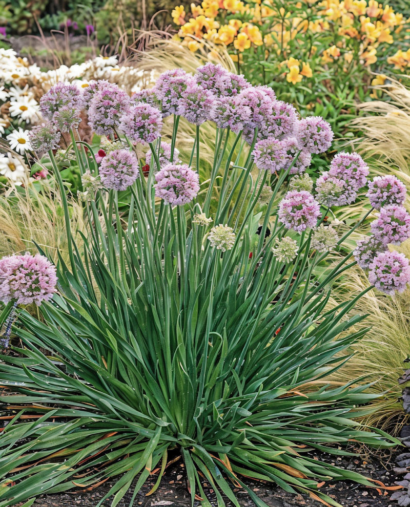 Allium 'Bubble Bath' con fiori rosa lilla compatti in un giardino soleggiato