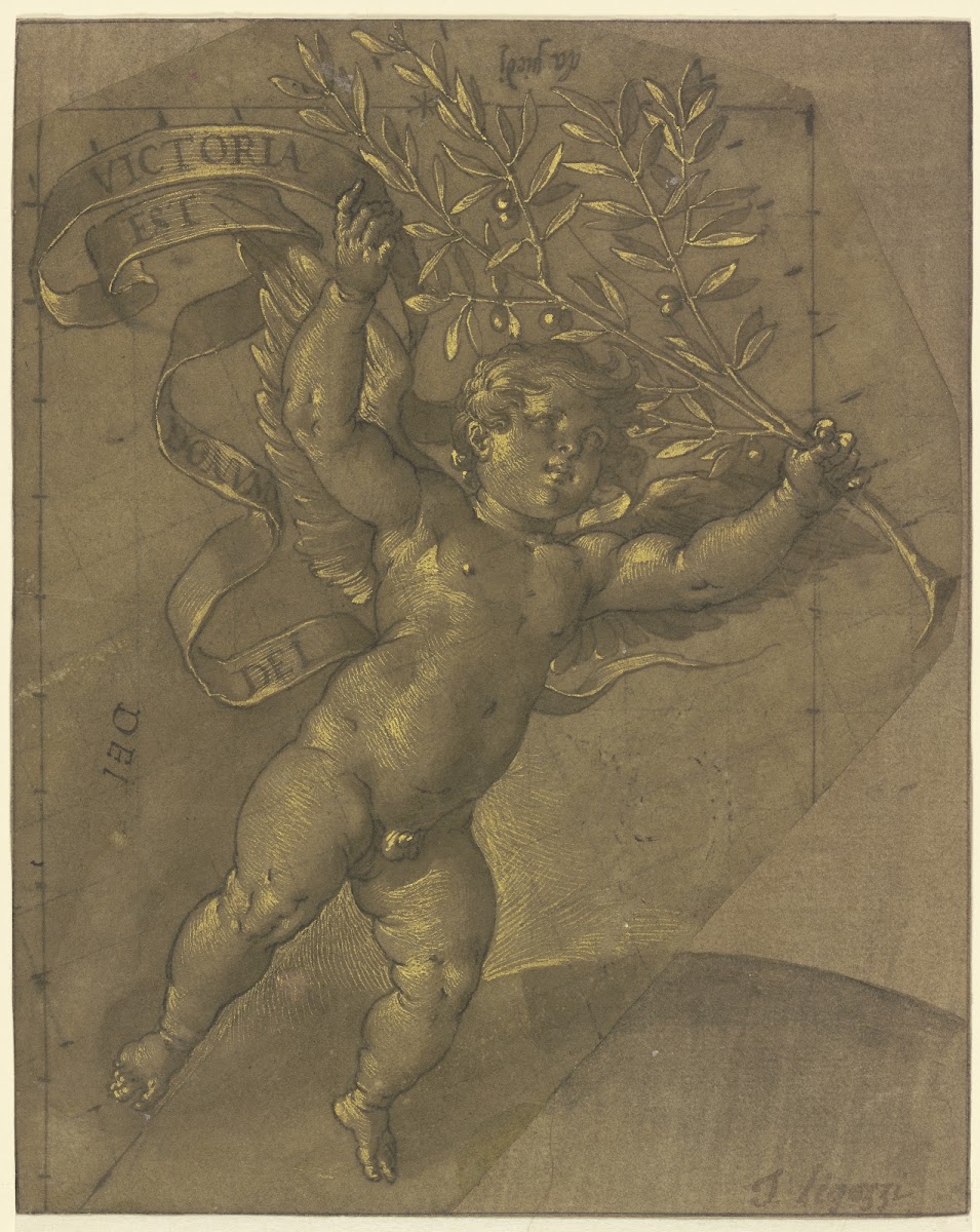 Fliegender Engel mit Lorbeerzweig und Banderole ca 1600