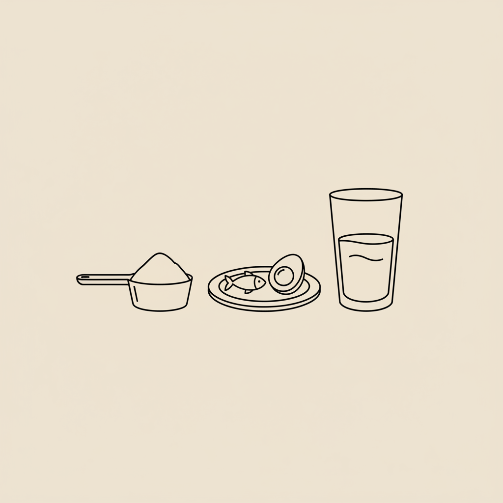 Minimal Tonum-style line illustration of a protein scoop, plate with fish and egg icons, and a water glass on a beige background, representing protein powder for weight loss.