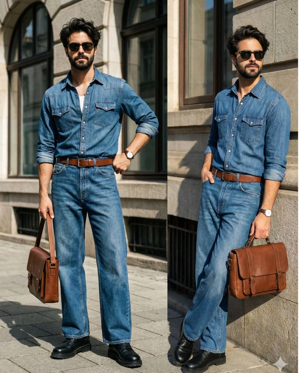 Hombre elegante con conjunto de mezclilla completo en la calle urbana