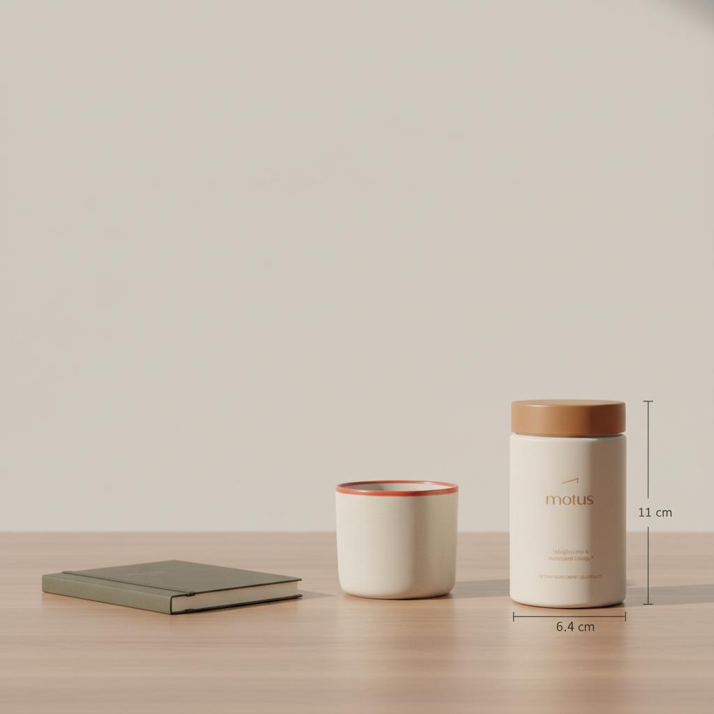 Minimalist tidy desk with Tonum supplement jar beside a notebook and ceramic mug in soft daylight, styled for best supplements for concentration.