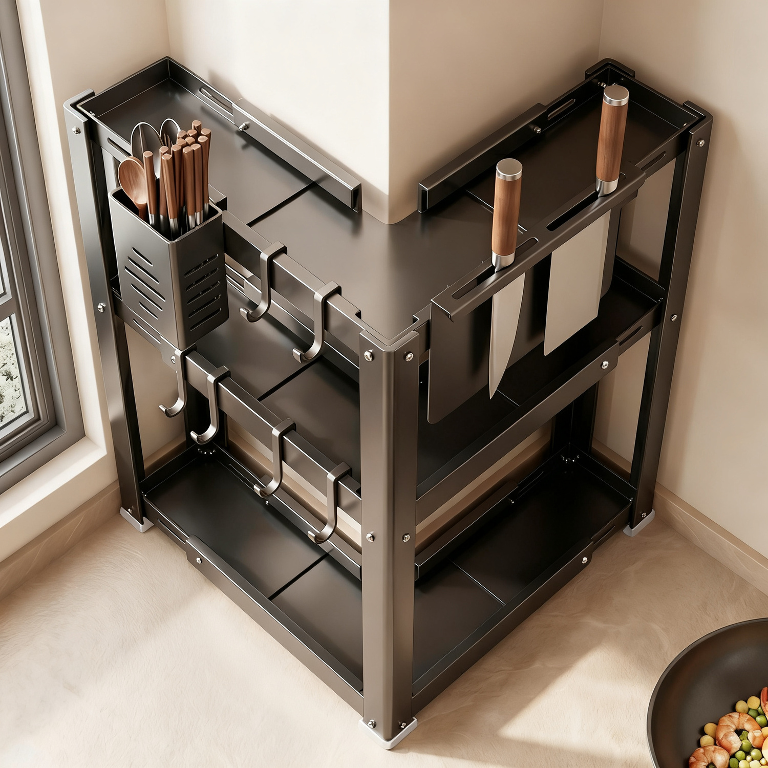 Corner shelf for kitchen, carbon steel, 2–3 levels