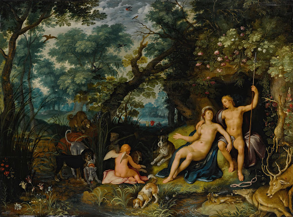 Venus and Adonis resting in an extensive landscape with Cupid and hunting dogs a