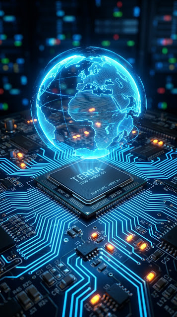 Holographic Blue Globe Floating Over Cyber Processor Microchip Circuit Board - Free mobile Wallpaper