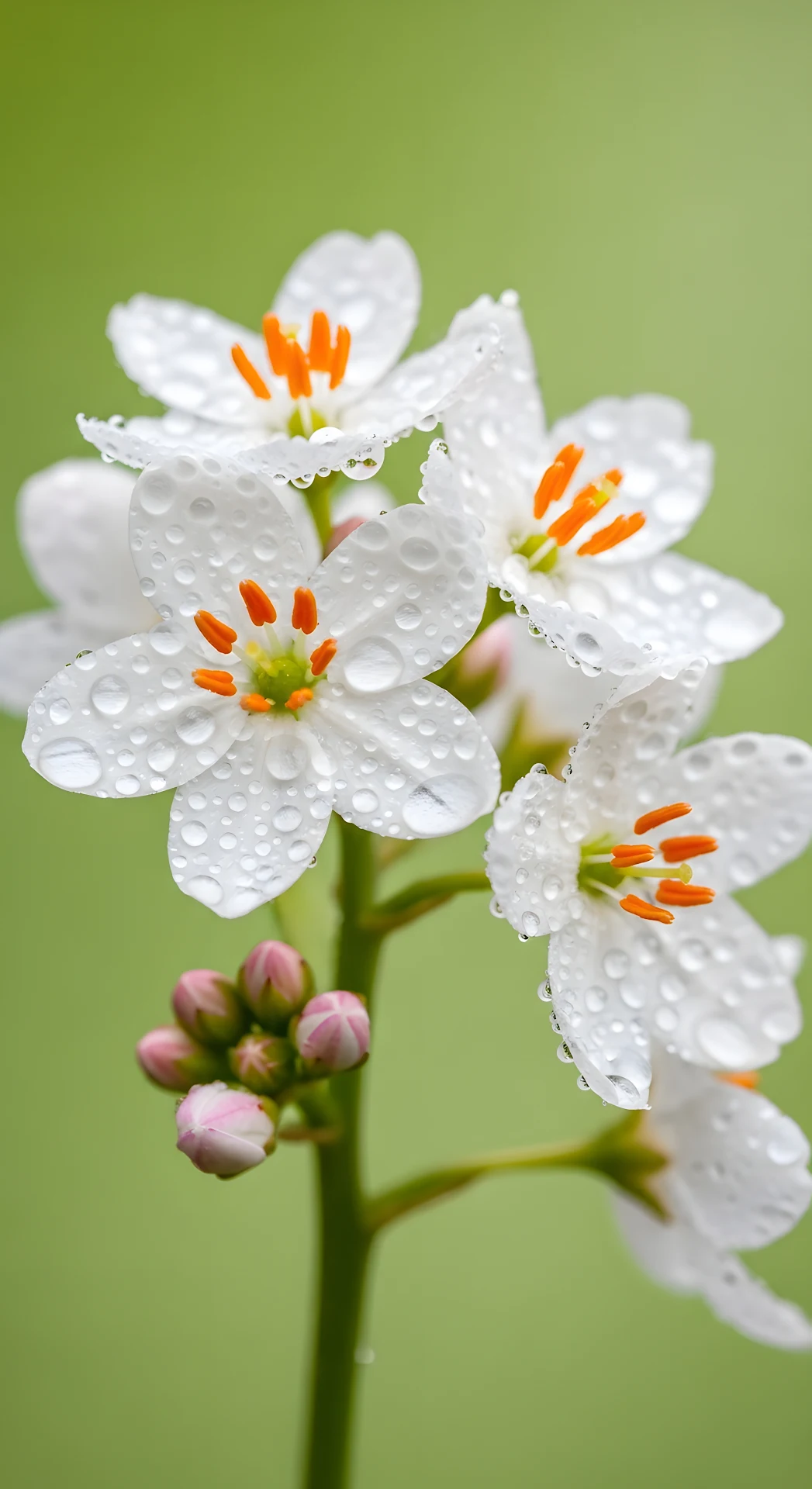 Delicate White Blooms Covered in Dew Drops Soft Green Bokeh - Free 4K mobile Wallpaper