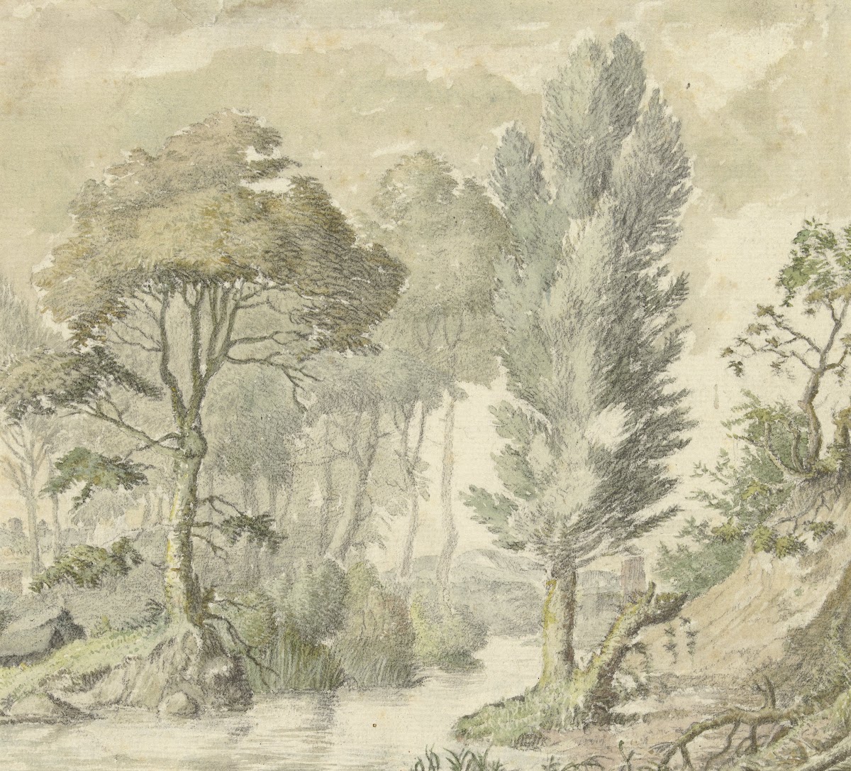 Boslandschap met rechts een heuvel en in het midden water 1677   1755