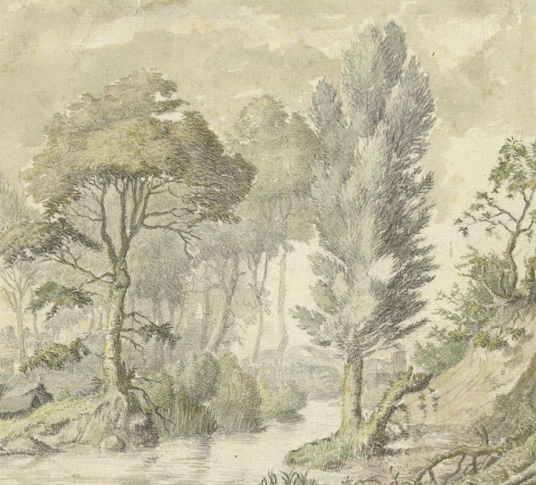 Boslandschap met rechts een heuvel en in het midden water 1677   1755