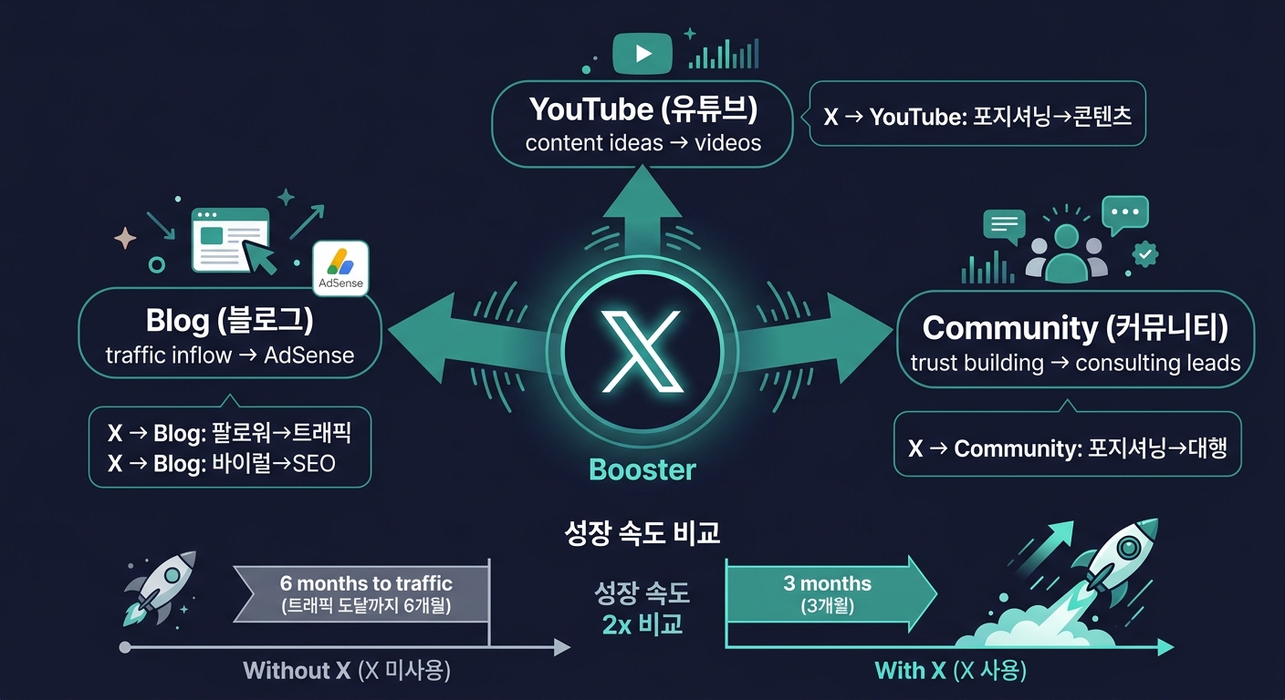 X가 부스터 역할 — 팔로워→트래픽, 바이럴→SEO, 포지셔닝→대행 의뢰