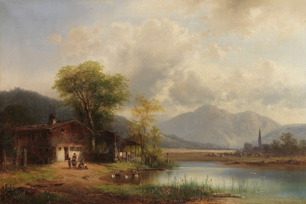 Oberbayerische Landschaft mit Waschhaus am See Ca 1860 1880