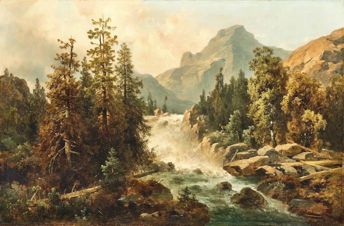 A mountain landscape with a rushing torrent