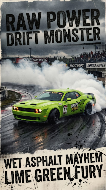 Lime green muscle car drifting on asphalt with tire smoke and retro distressed typography grunge poster styling.
