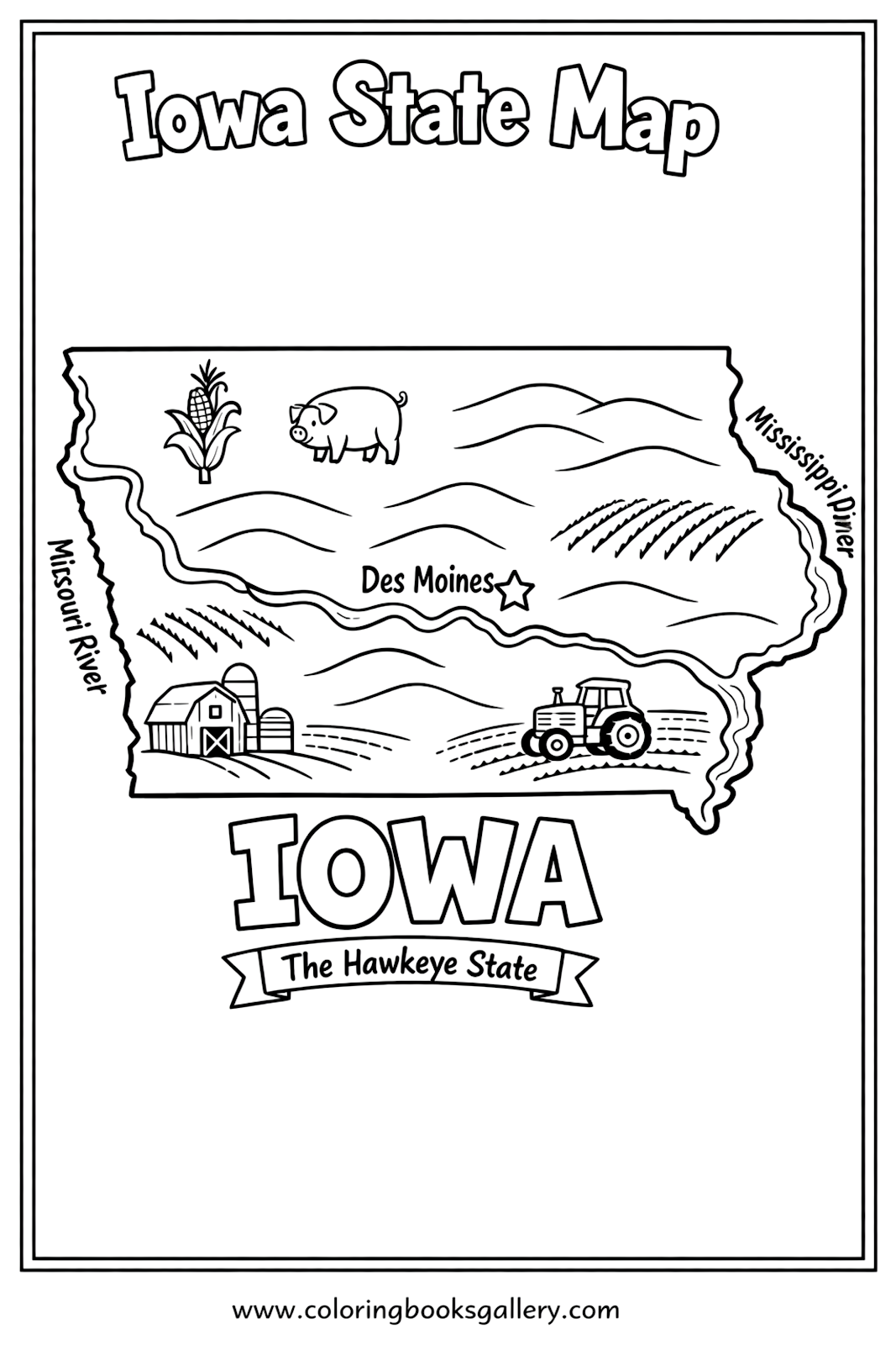Iowa State Map for Kids – Simple Educational Printable Coloring Page for Kids – printable coloring page