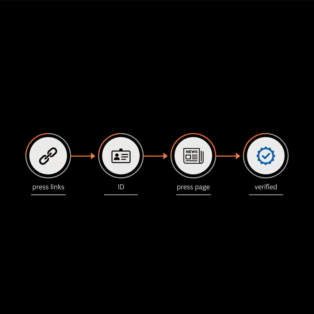 Minimal infographic showing the flow to get verified on Instagram: press links → ID → press page → blue check, on black background using Social Success Hub brand colors.