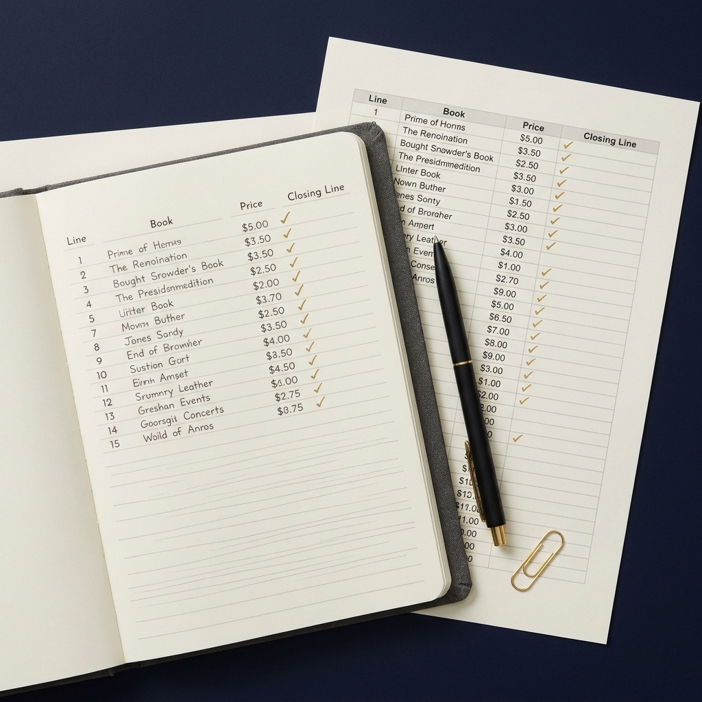 Close up notebook and spreadsheet showing columns Line Book Price Closing Line with checkmarks illustrating Why Key Numbers Matter in NFL Spreads on a dark Funded Plays branded background