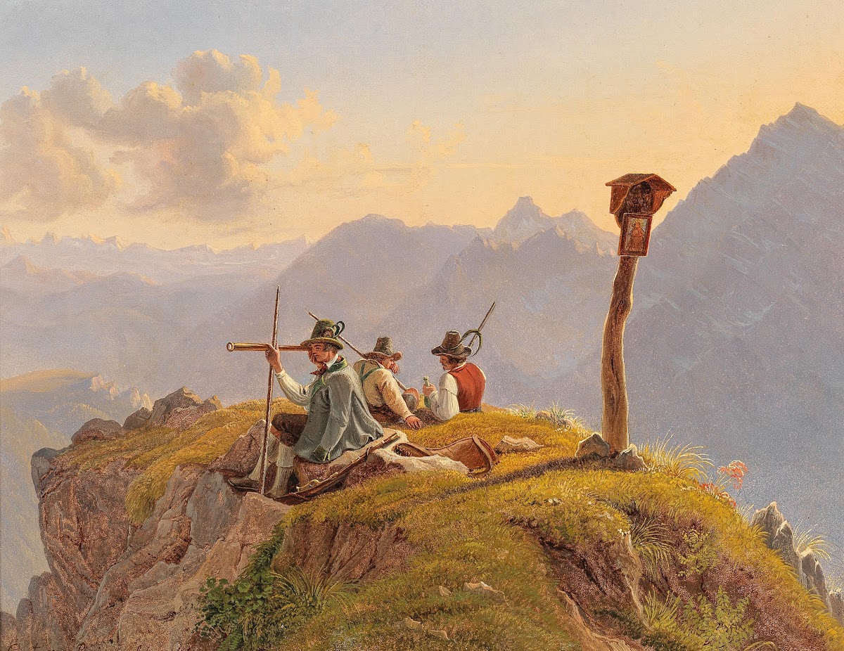 Hunters Resting at the Summit Scene in the Salzkammergut 1844