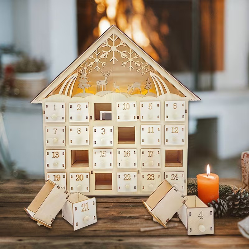 Beleuchteter Holz-Adventskalender im Hütten-Design