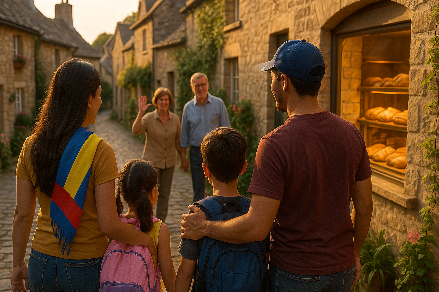 Familia venezolana caminando por una plaza de un pequeño pueblo, al atardecer.