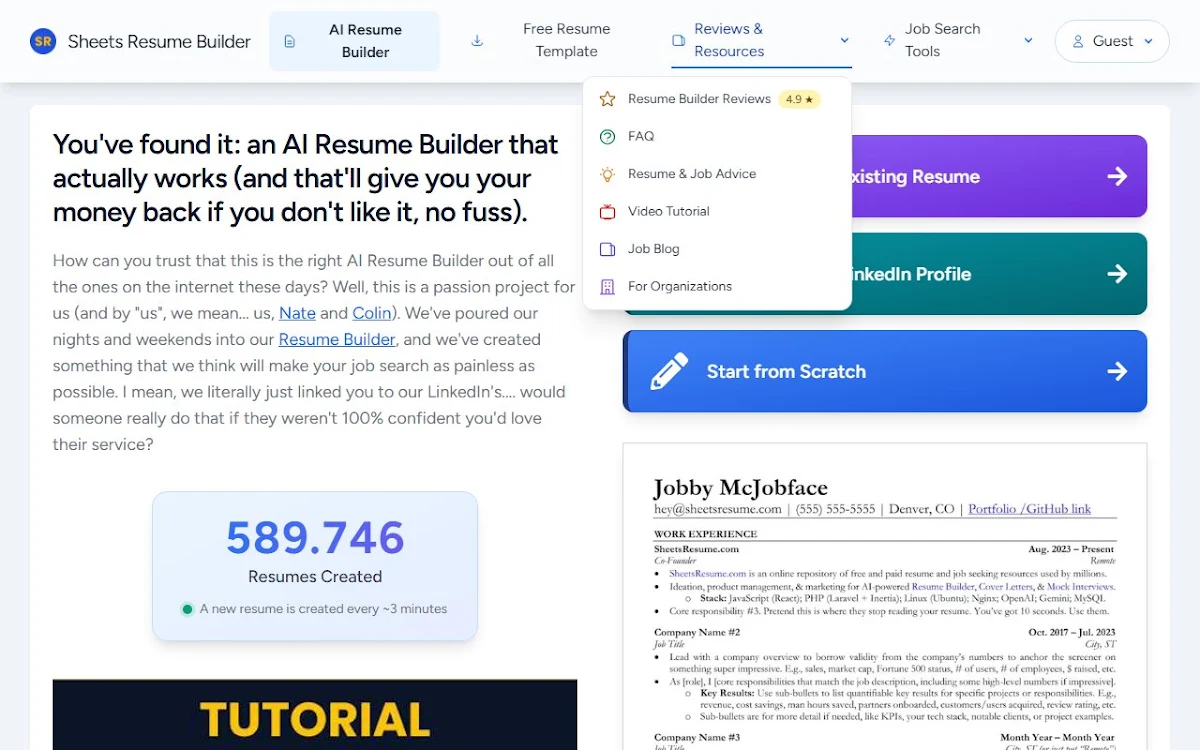 Captura de Sheets AI Resume Builder
