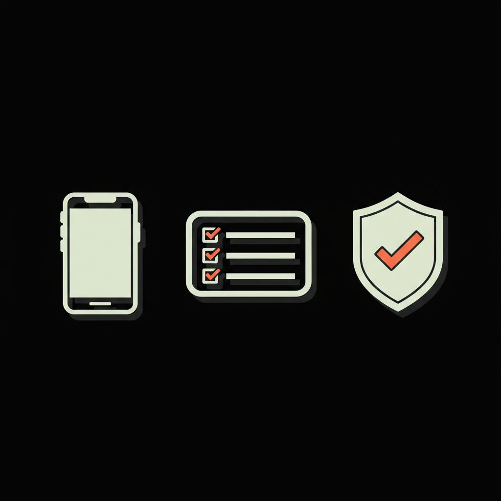 Minimal 2D vector infographic of a flat-lay phone, checklist, and shield icons on black background illustrating verification steps and meta verified cost.