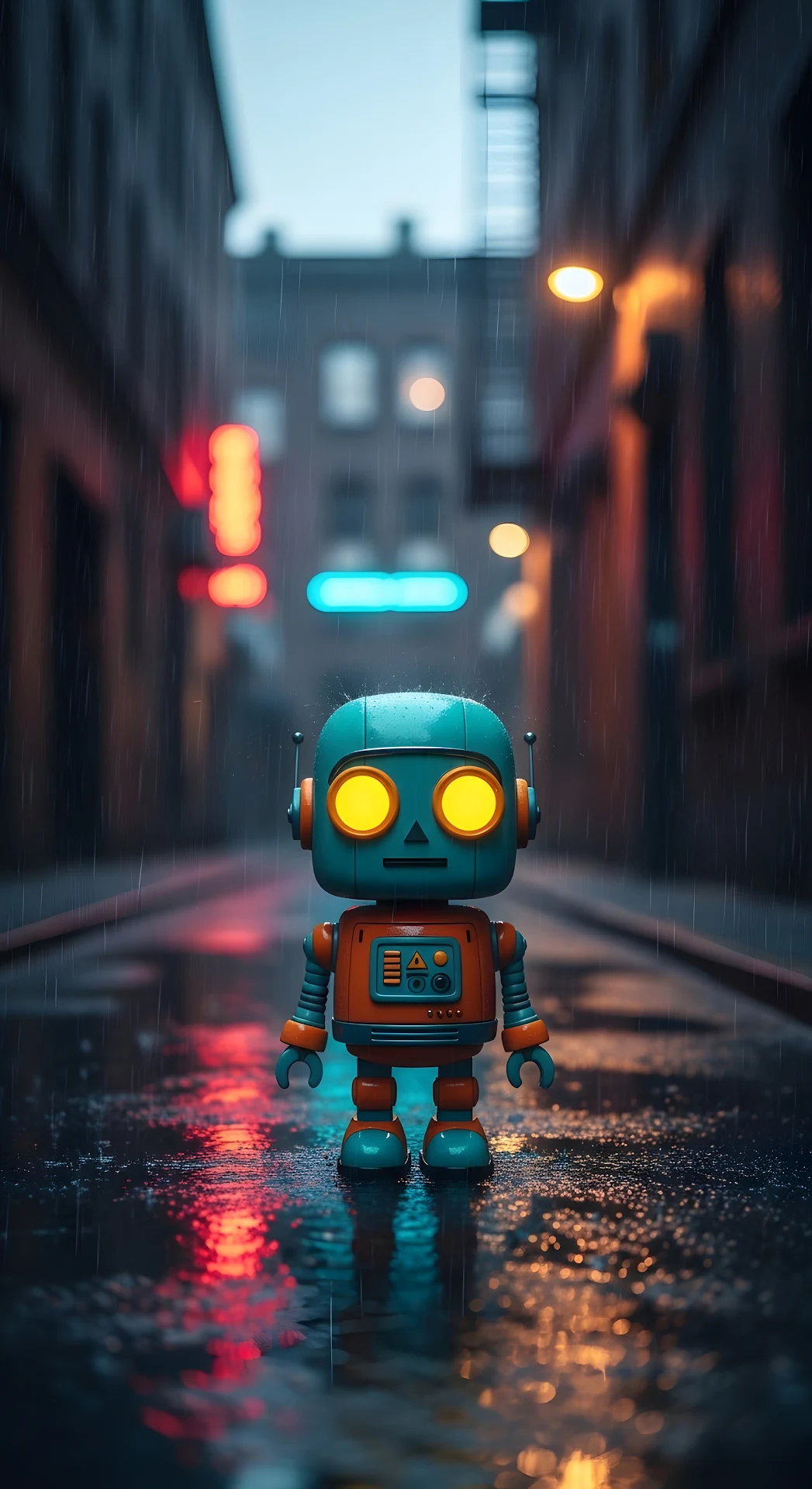 Cute Retro Robot Rainy City Alley Neon Lights - Free 4K mobile Wallpaper