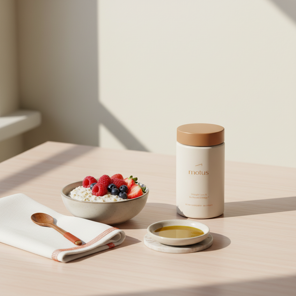 Minimalist still-life of a Tonum Motus supplement jar beside a bowl of oats and berries, folded napkin, and a dish of olive oil on a light wood table for metabolic diet content.