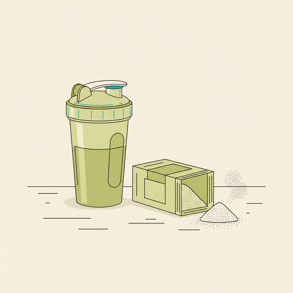 Nahaufnahme eines minimalistischen 2D-Vektor-Proteinshakers neben geordneter Packung mit sichtbarem Pulver auf hellem Tisch, vegardians-Farben, bestes pre workout 2025