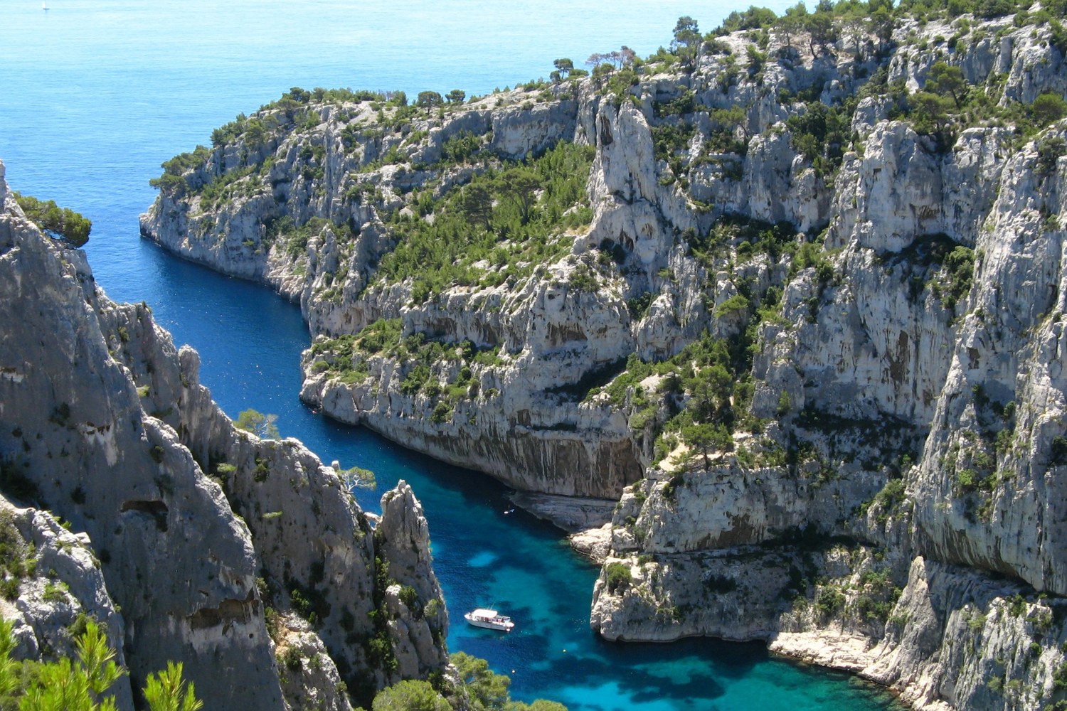 Calanque d'En-Vau with steep limestone cliffs, Aleppo pines and turquoise Mediterranean water