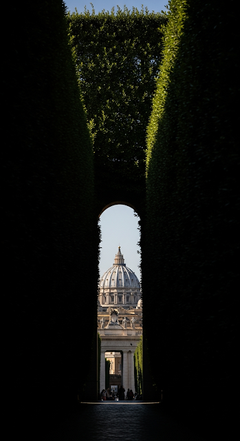 Dramatic Framing of St. Peter's Basilica Dome Through a Dark Hedge Archway - Free mobile Wallpaper