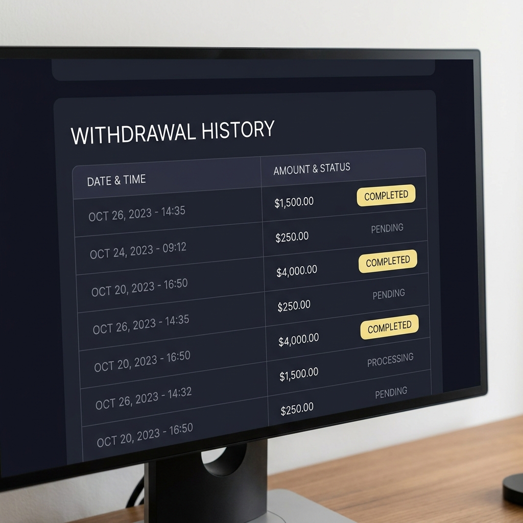 Minimal close up of a digital withdrawal history UI showing timestamps amounts and status badges in funded plays style with mystake sportsbook branding colors and clear readable layout