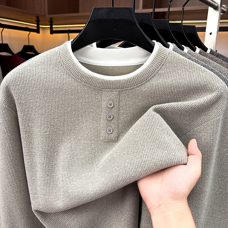 Men's Knit Sweater, Round Neck, Long Sleeve, Fake Layer Look