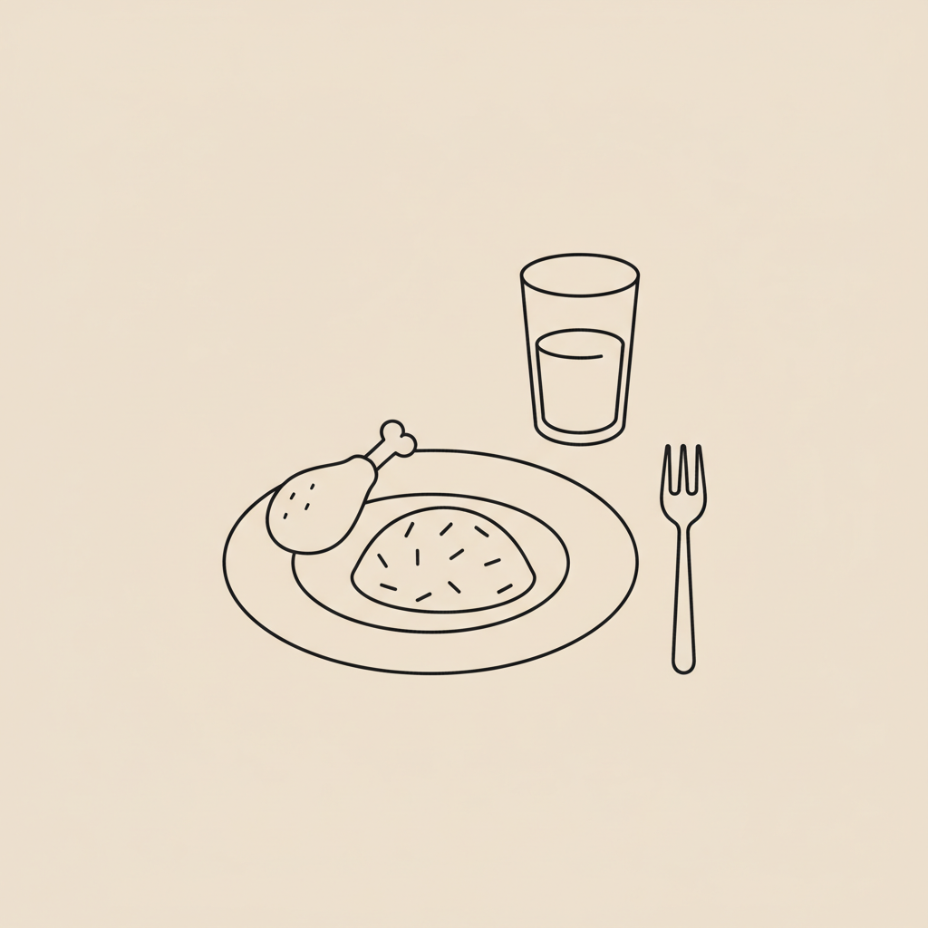 Minimal Tonum-style line illustration of a plate with rice, a protein drumstick, fork and water glass on beige background — How can a skinny person gain weight?