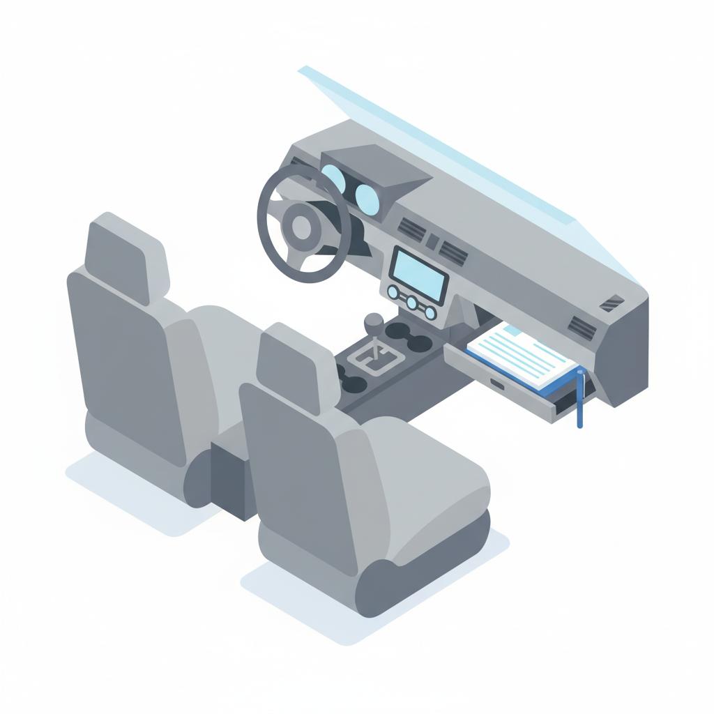 Minimal 2D vector car interior with clean front seats organized glovebox and a subtle blue folder accent showing how much my car is worth for a trade-in
