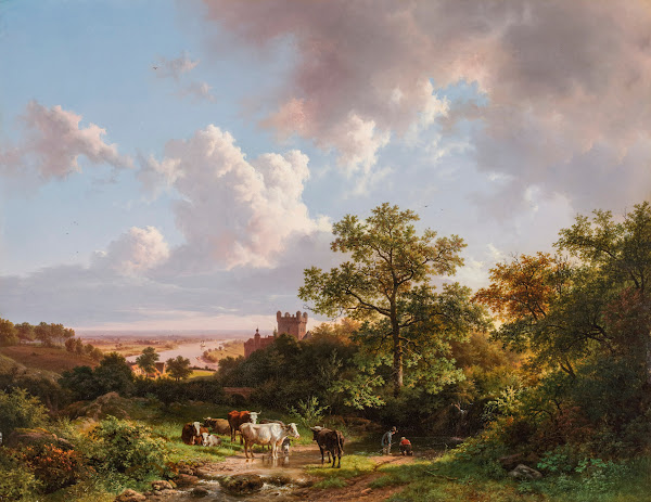 A panoramic landscape with a view on the Middle Rhine with a castle 1841