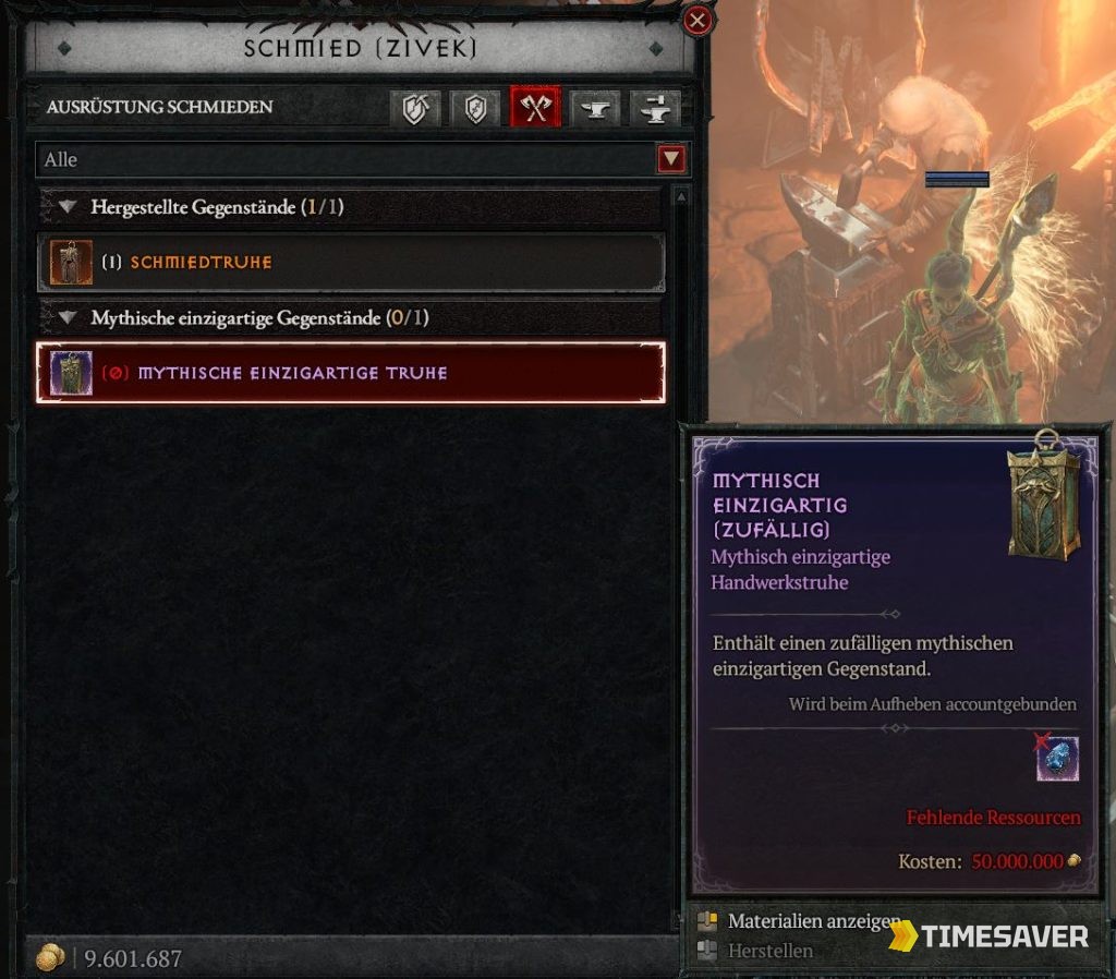 The Mythic Unique crafting screen at the Blacksmith in Diablo 4 Season 14, showing the Mythic Unique 3.0 craft