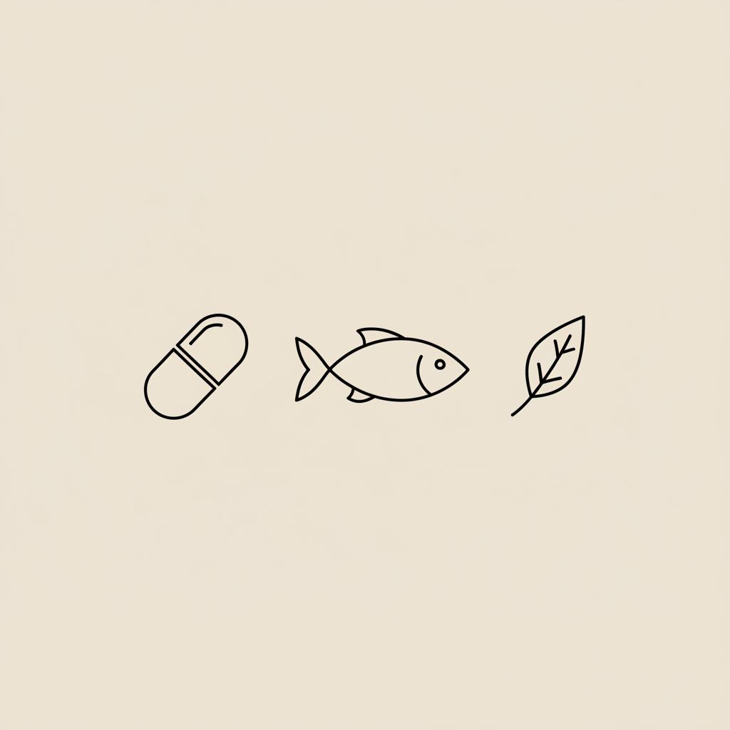 Minimal line illustration of a capsule, fish, and leaf on a beige background representing anti-inflammatories, omega-3 supplements and natural ingredients
