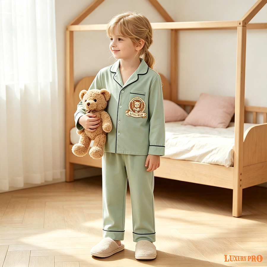 AOP Trimmed Full Length Children's Long Sleeved Pajama Set with One Pocket on Chest