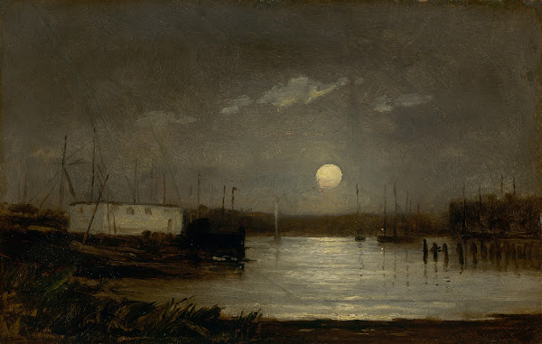 Untitled moon over a harbor wharf scene with full moon and masts of boats ca 186