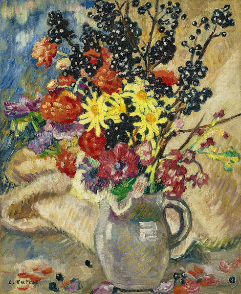 Bouquet aux branches de cassissier dans pichet brun circa 1921
