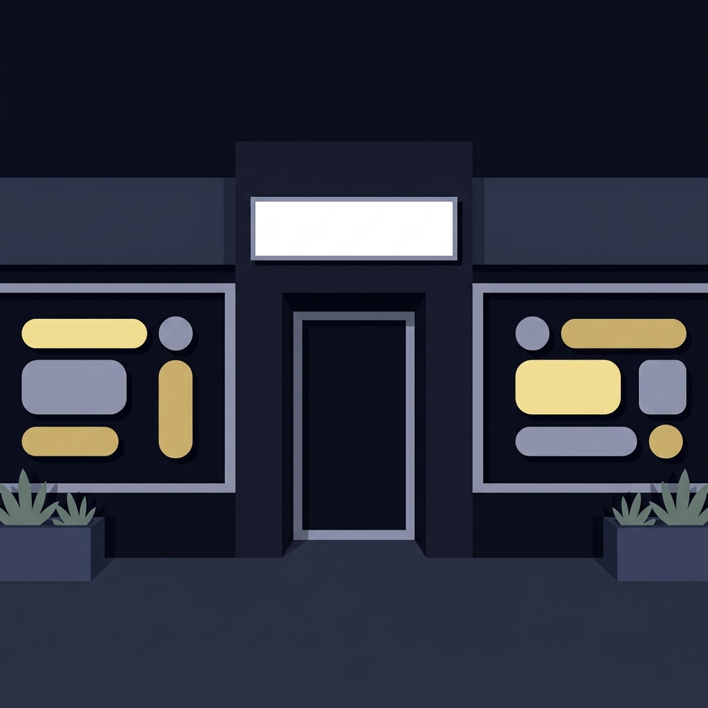 Minimal 2D vector storefront with blank sign and geometric window displays in Funded Plays colors clean full bleed composition suggesting promotional context without text mariners astros prediction