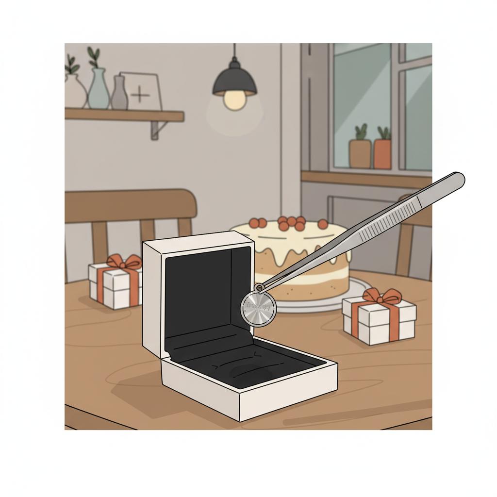 Nahaufnahme einer offenen Geschenkbox mit graviertem Metallanhänger in minimalistischer 2D-Vektorillustration auf hellem Hintergrund — Geschenkideen 14-Jährige