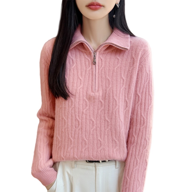 Damen-Wollpullover mit Reißverschluss und Zopfmuster