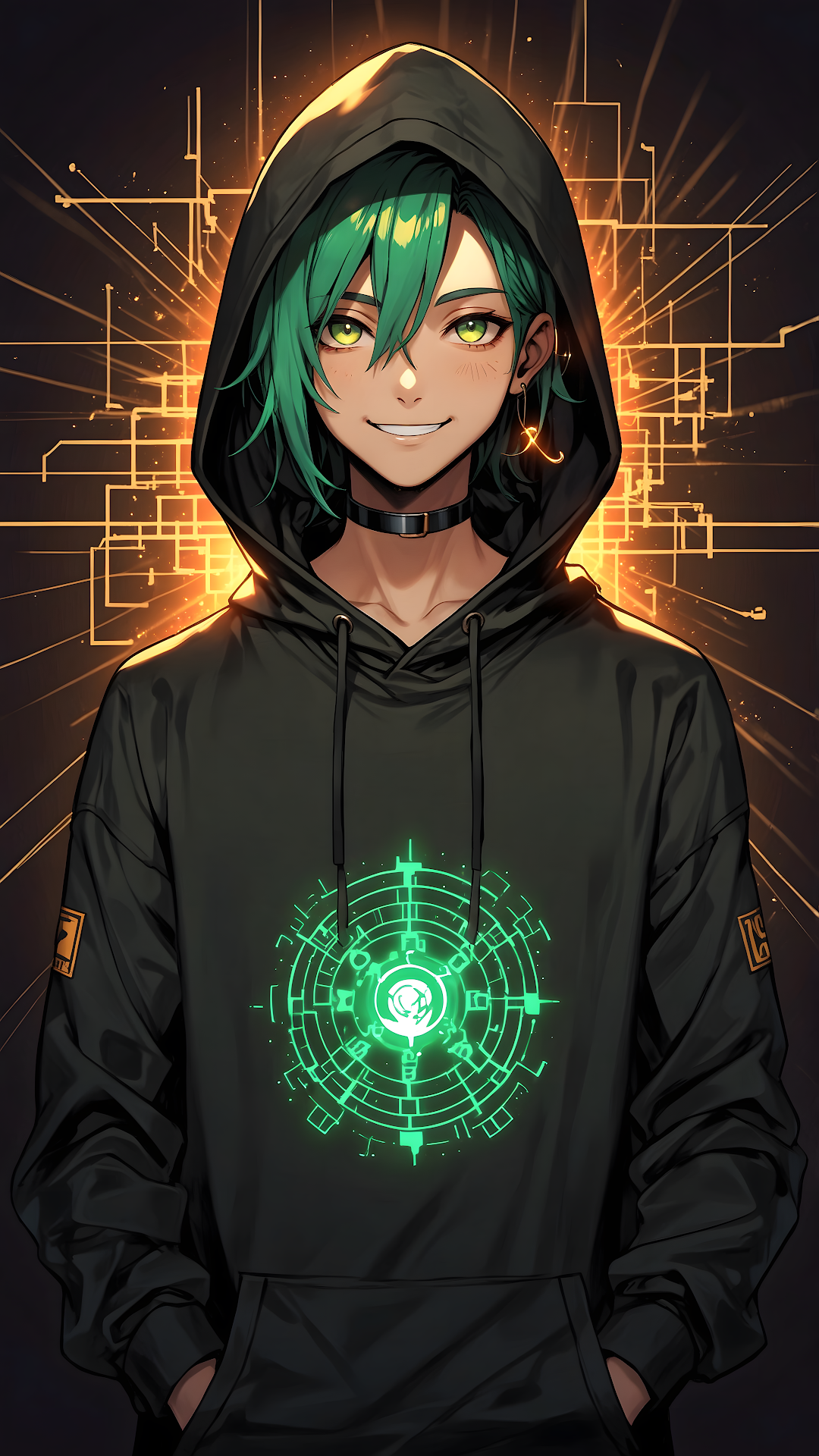 Smiling Anime Hacker Boy with Glowing Green Circuitry - Free 4K mobile Wallpaper