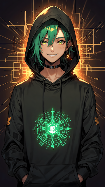 Smiling Anime Hacker Boy with Glowing Green Circuitry - Free mobile Wallpaper
